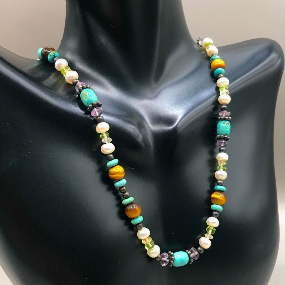 925 Necklace & Multicolor Semi-Precious Stones & Pearls Necklace
